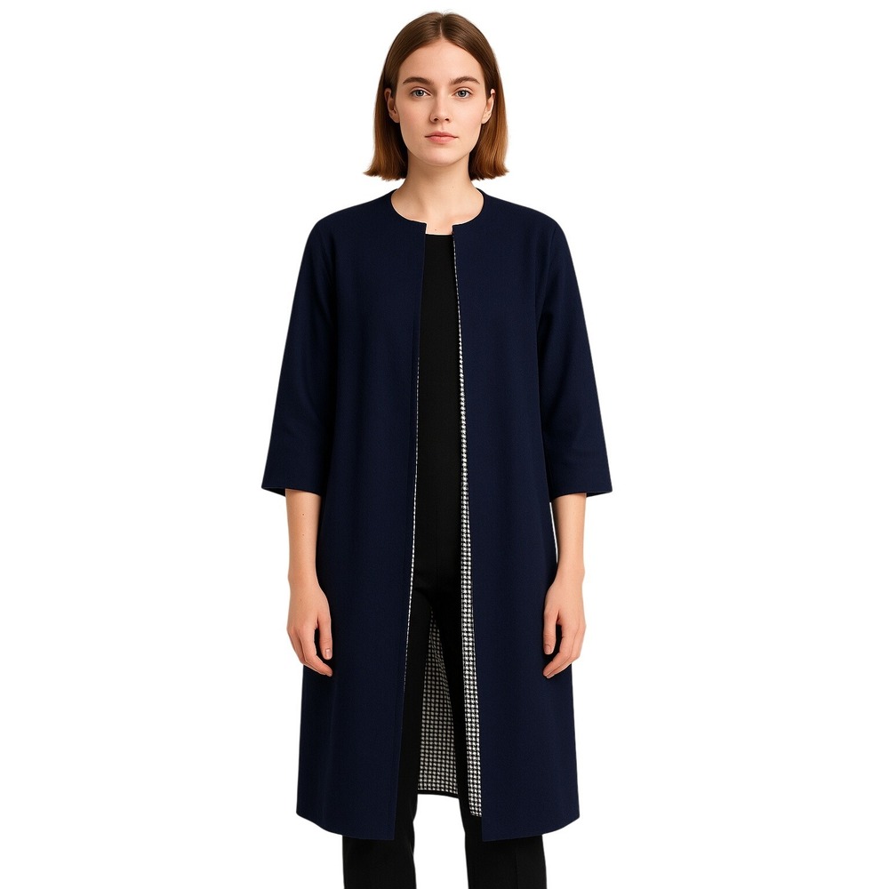 VINTAGE 60s Wool Mod Coat Navy Houndstooth Lining‎ Minimalist Collarless